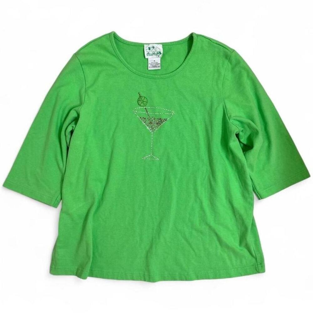 VTG 90s Quacker Factory Green Rhinestone Martini Cocktail Tee Grannycore Size 1X